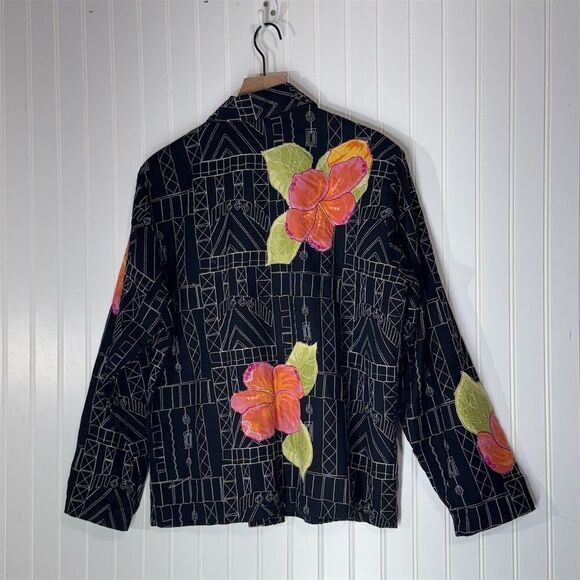 Mirasol M Floral Embroidered Jacket Black Cotton Linen Boho Artsy Button Shirt - Picture 4 of 9